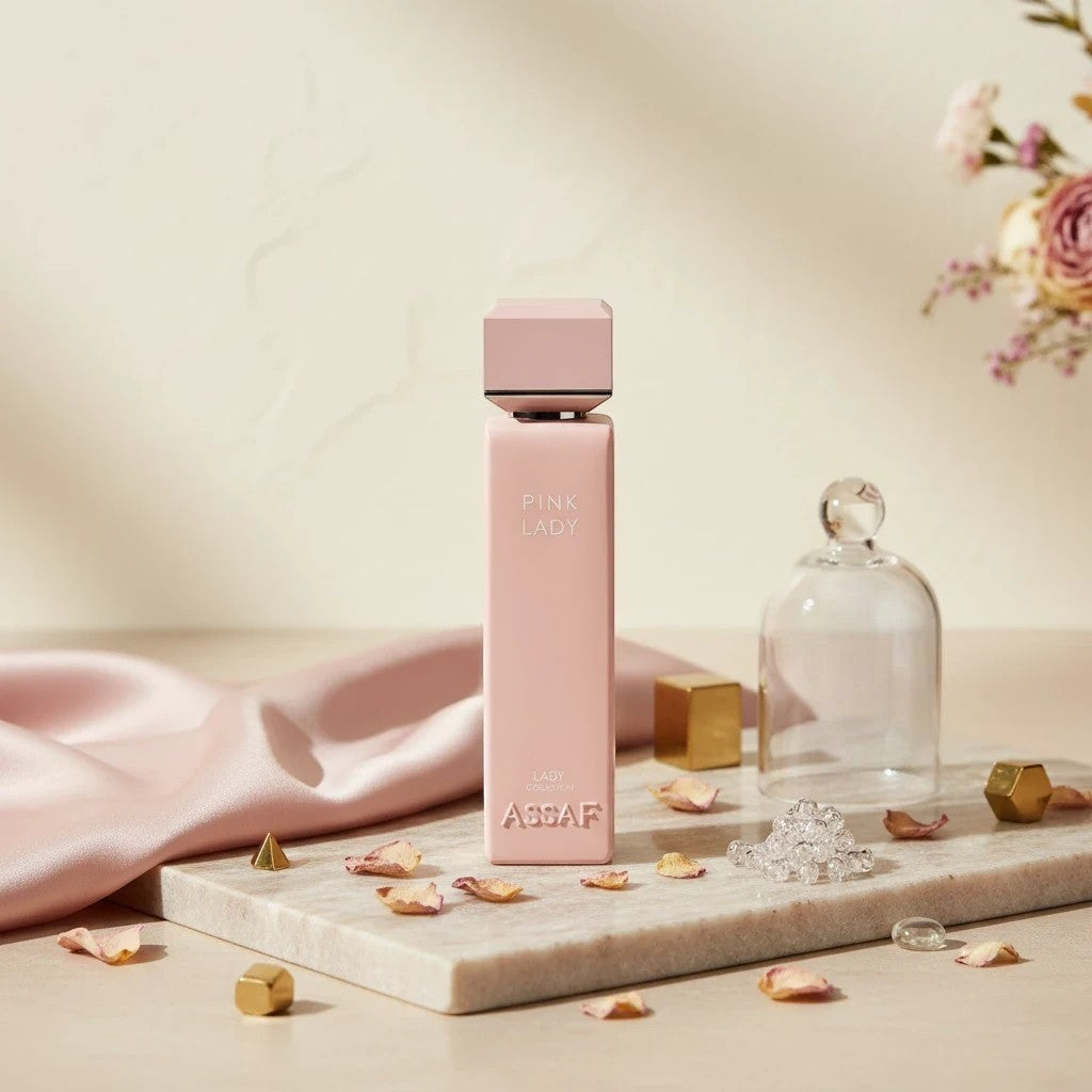 Soghaat Pink Lady Eau de Parfum, a fresh woody aromatic fragrance for women with notes of bergamot, orange blossom, white flowers, patchouli, and vanilla.