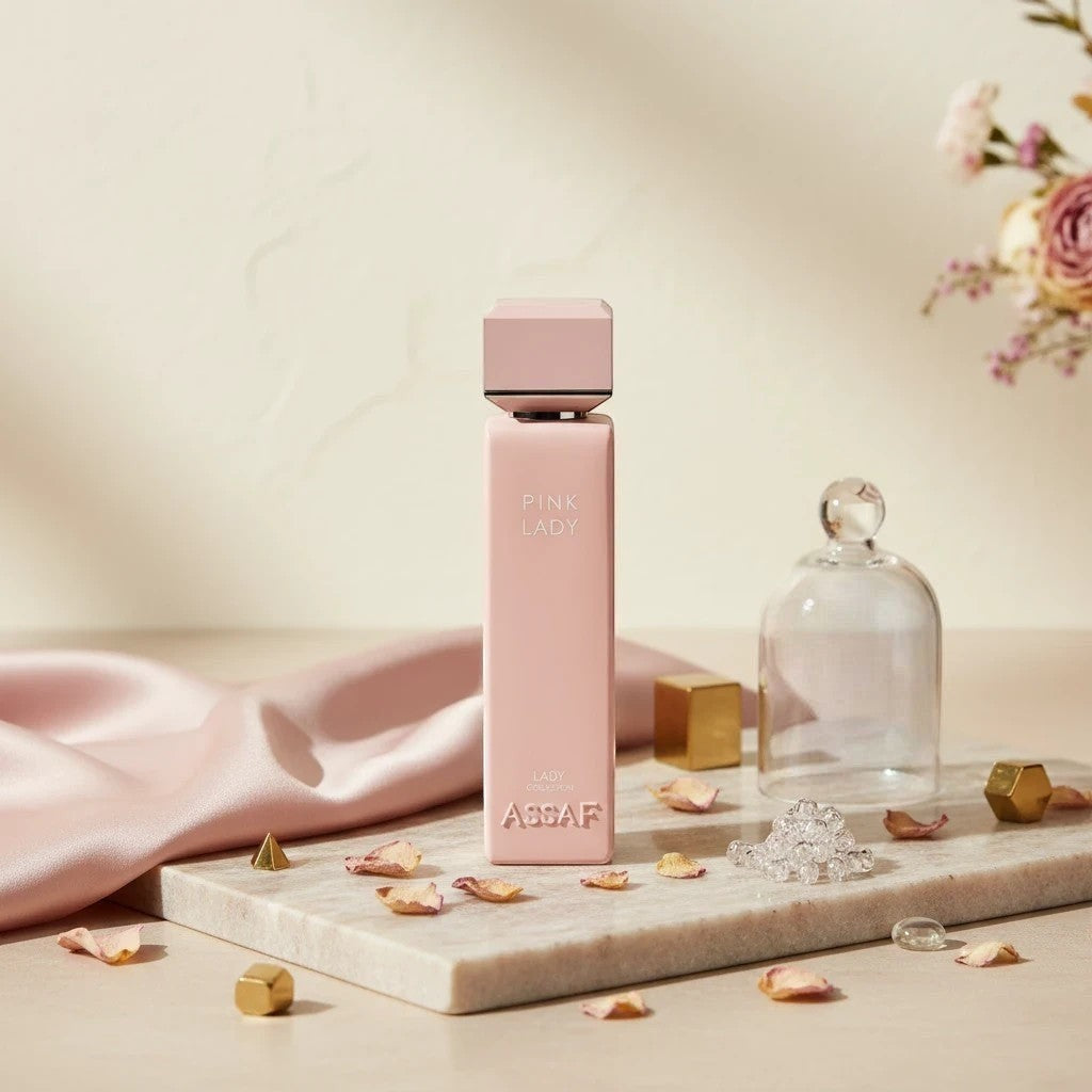 Soghaat Pink Lady Eau de Parfum, a fresh woody aromatic fragrance for women with notes of bergamot, orange blossom, white flowers, patchouli, and vanilla.