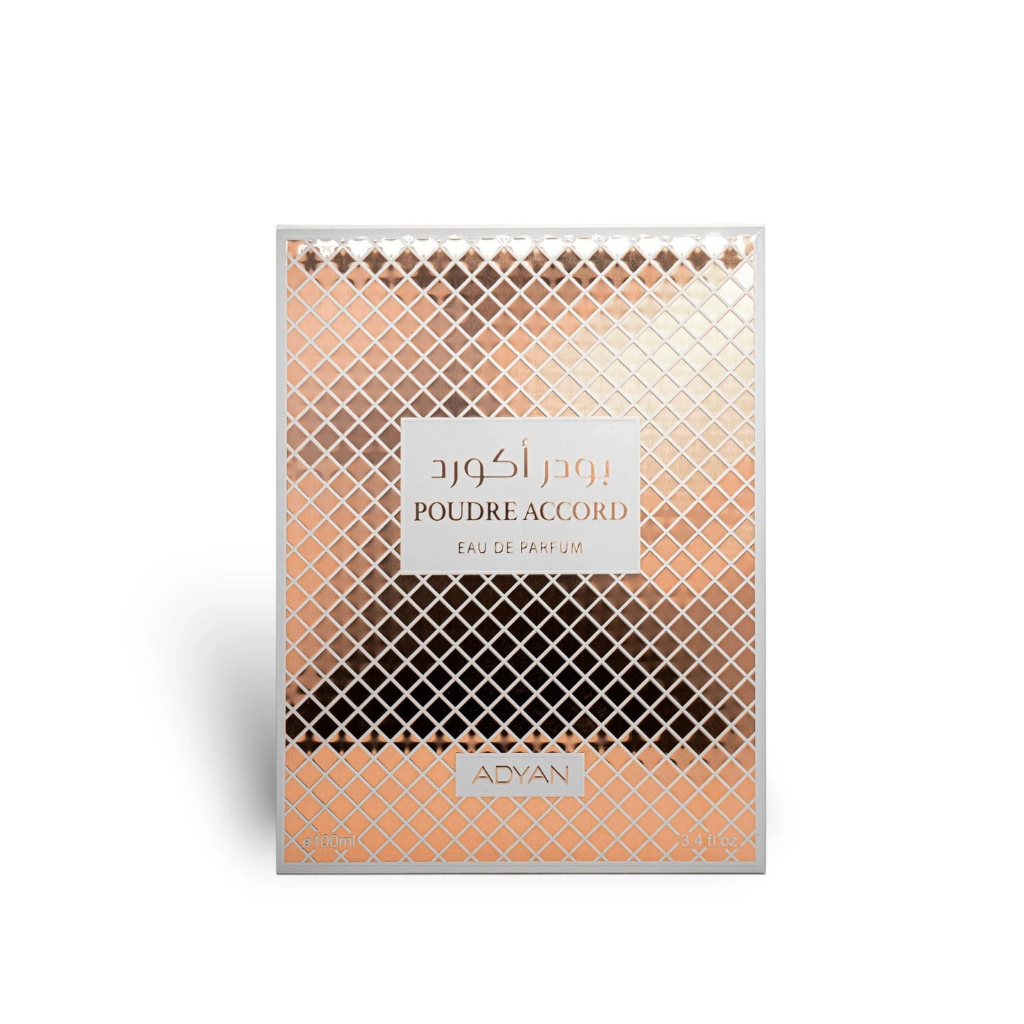 Soghaat Poudre Accord by Adyan Anfar 100ml Eau de Parfum in a metallic rose gold and white patterned box.