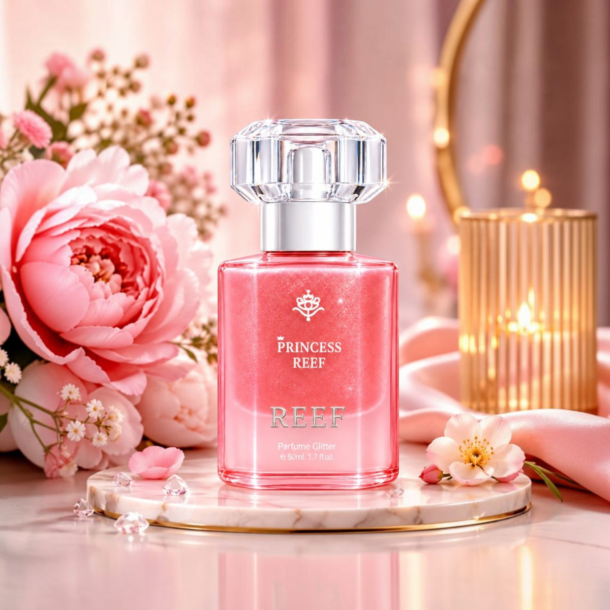 Soghaat Princess Reef Perfume Glitter edition in a pink glass bottle with a crystal cap, surrounded by floral decor.