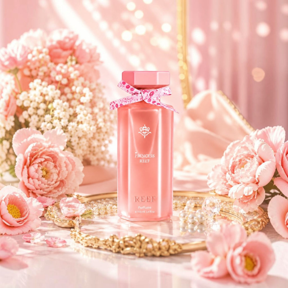 Soghaat Princess Reef perfume bottle in pink with a decorative ribbon, surrounded by soft pink flowers and pearls.
