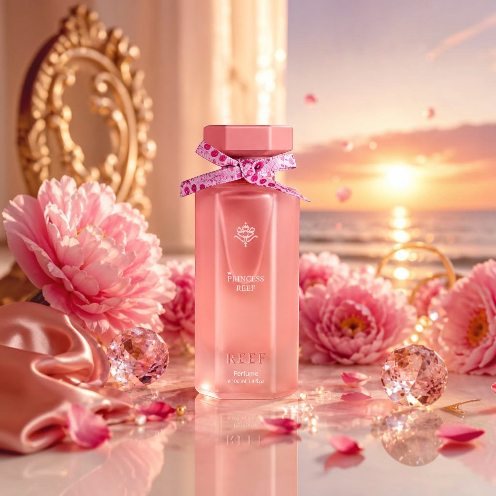 Soghaat Princess Reef 100ml Eau de Parfum in a pink bottle with a ribbon, surrounded by pink flowers and crystals.