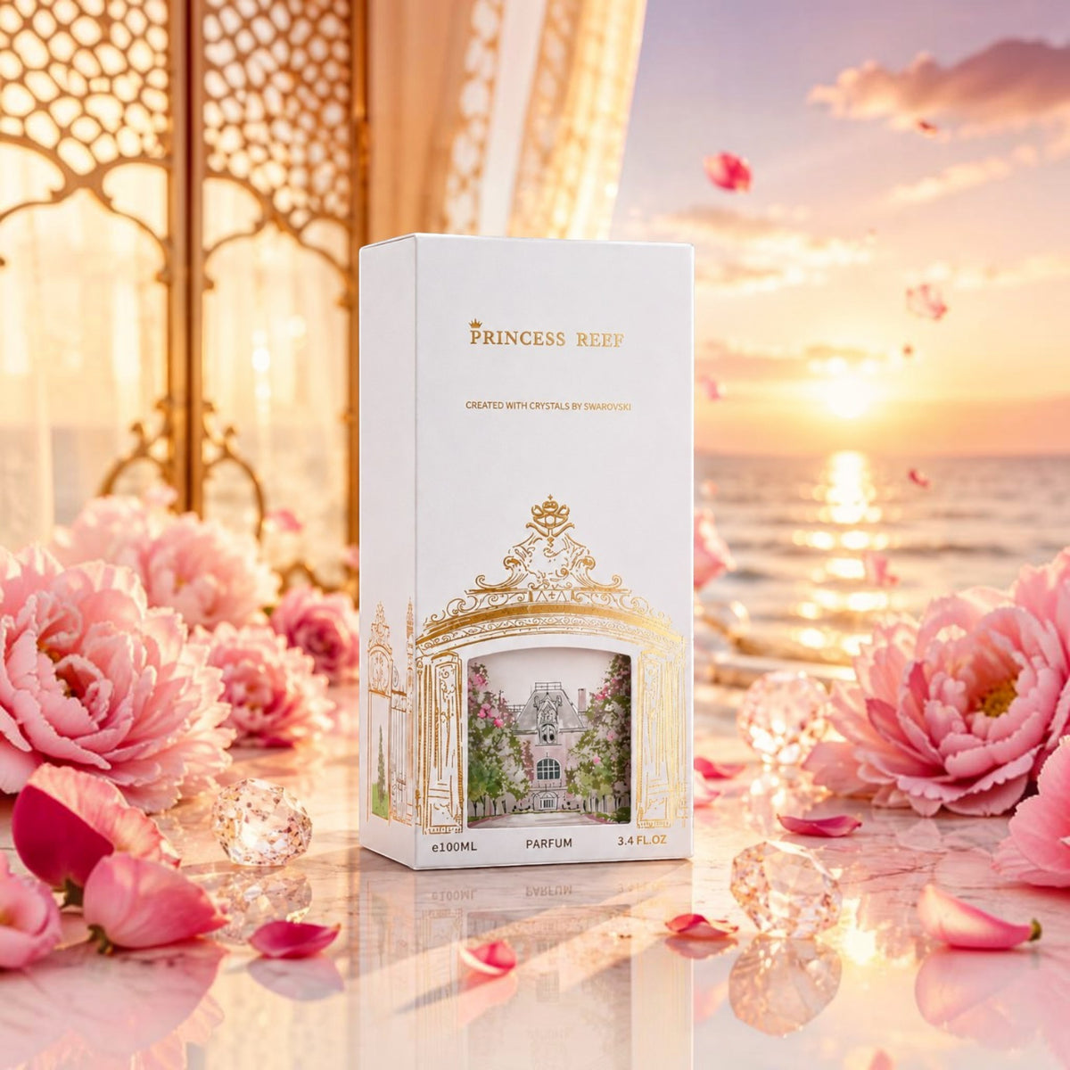 Soghaat Princess Reef Eau de Parfum bottle in a white box with gold detailing, surrounded by pink flowers at sunset.