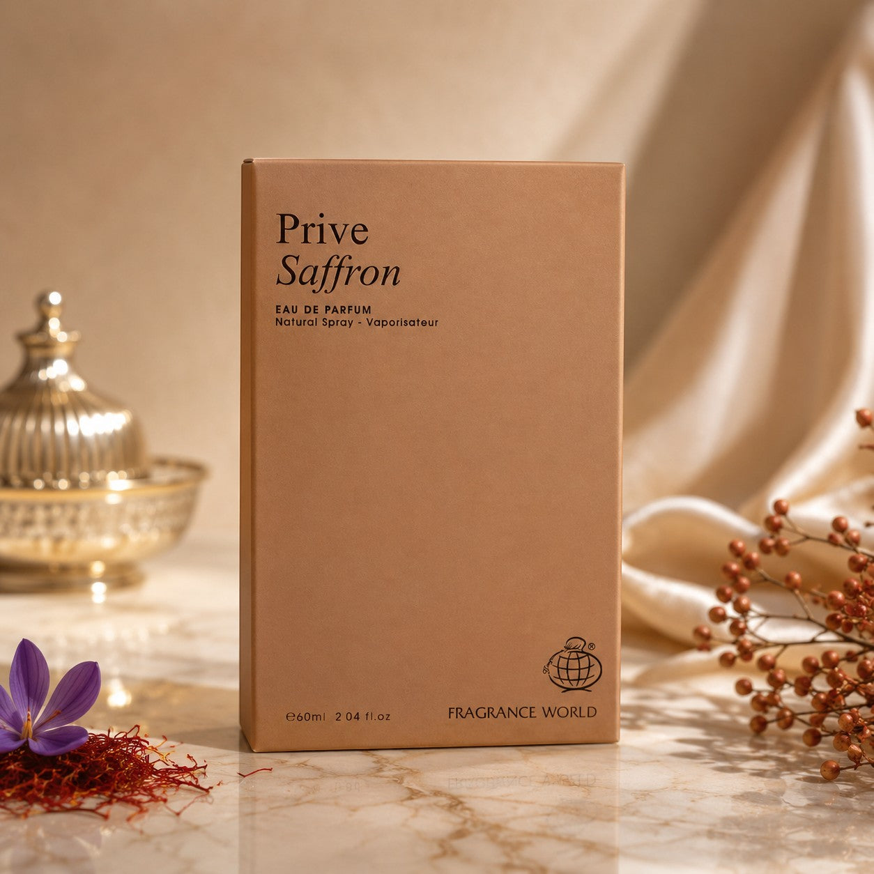 Soghaat Prive Saffron 60ml Eau de Parfum for unisex, featuring saffron, spices, and woody notes. Warm, spicy, and smooth scent.