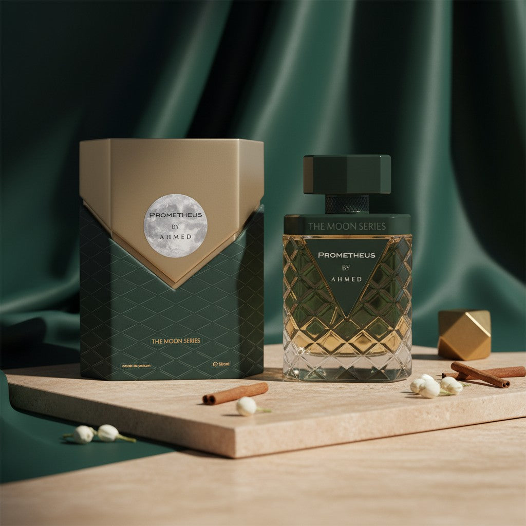 Soghaat Prometheus 100ml Extrait de Parfum for Unisex, a woody aromatic fresh spicy musk fragrance with a diamond-cut glass bottle and dark green textured box.