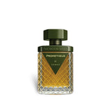 Soghaat Prometheus 100ml Extrait de Parfum by Ahmed Al Maghribi, amber liquid in a clear glass bottle with a textured pattern and a dark green cap.