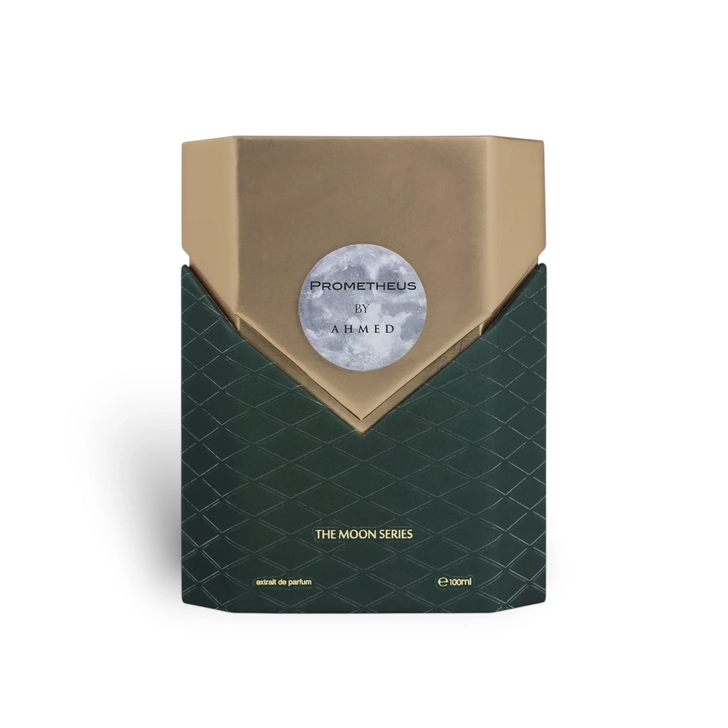 Soghaat Prometheus 100ml Extrait de Parfum bottle with gold and dark green textured design. Unisex woody aromatic fragrance.