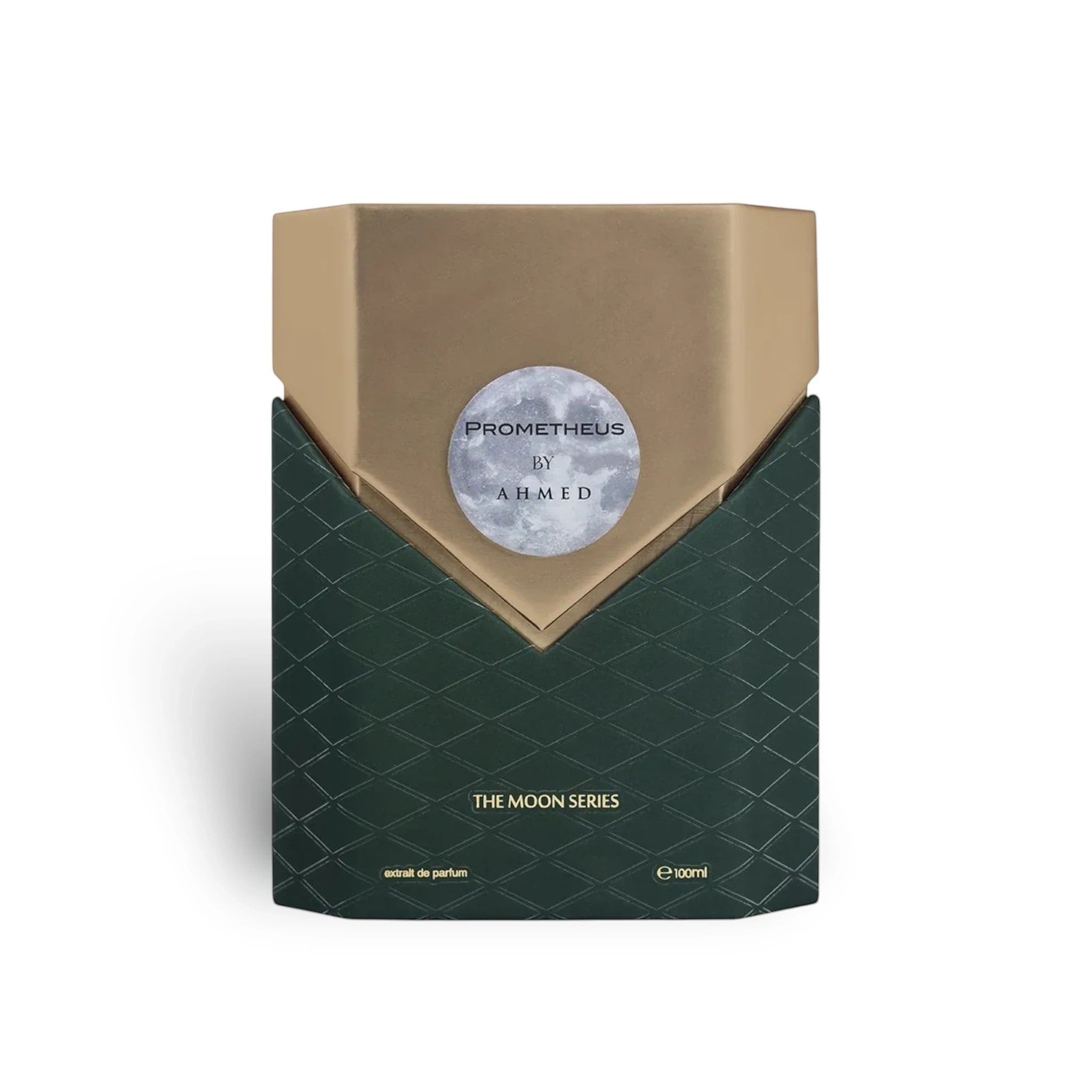 Soghaat Prometheus 100ml Extrait de Parfum bottle with gold and dark green textured design. Unisex woody aromatic fragrance.