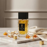 Soghaat Psycho 100ml Extrait de Parfum for unisex, featuring a clear glass bottle with a black cap and gold accents, filled with amber liquid.