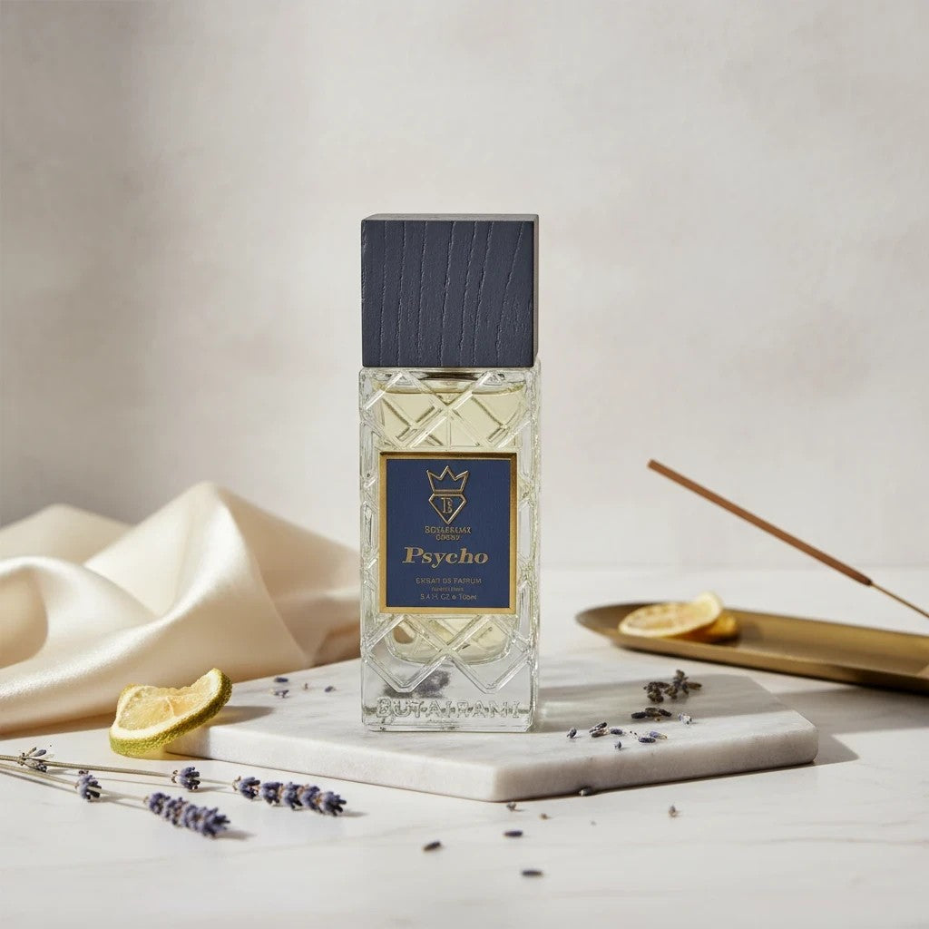 Soghaat Psycho 100ml Extrait de Parfum for unisex, featuring a clear citrus musk scent with grapefruit, bergamot, and ginger notes.
