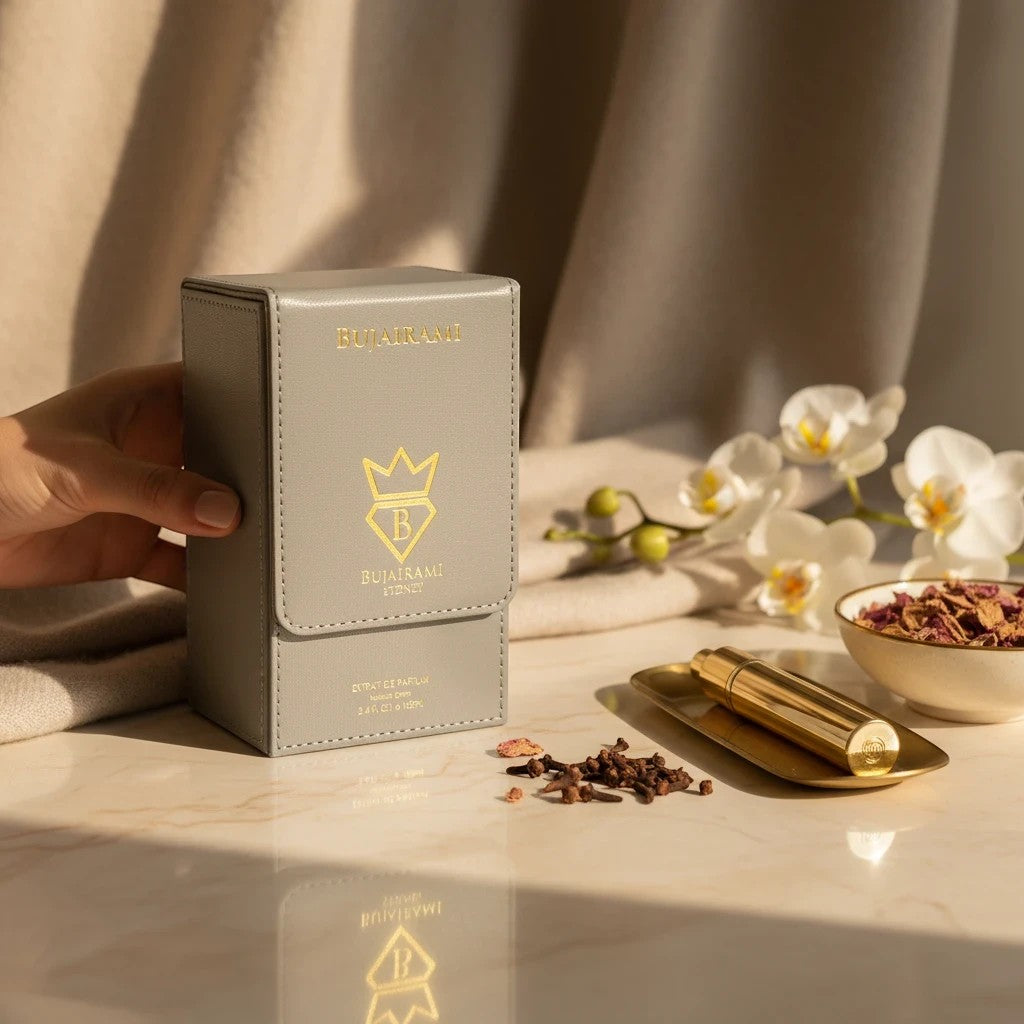 Soghaat Psycho 100ml Extrait de Parfum in a grey protective case with gold accents. Unisex fresh clean musk fragrance.