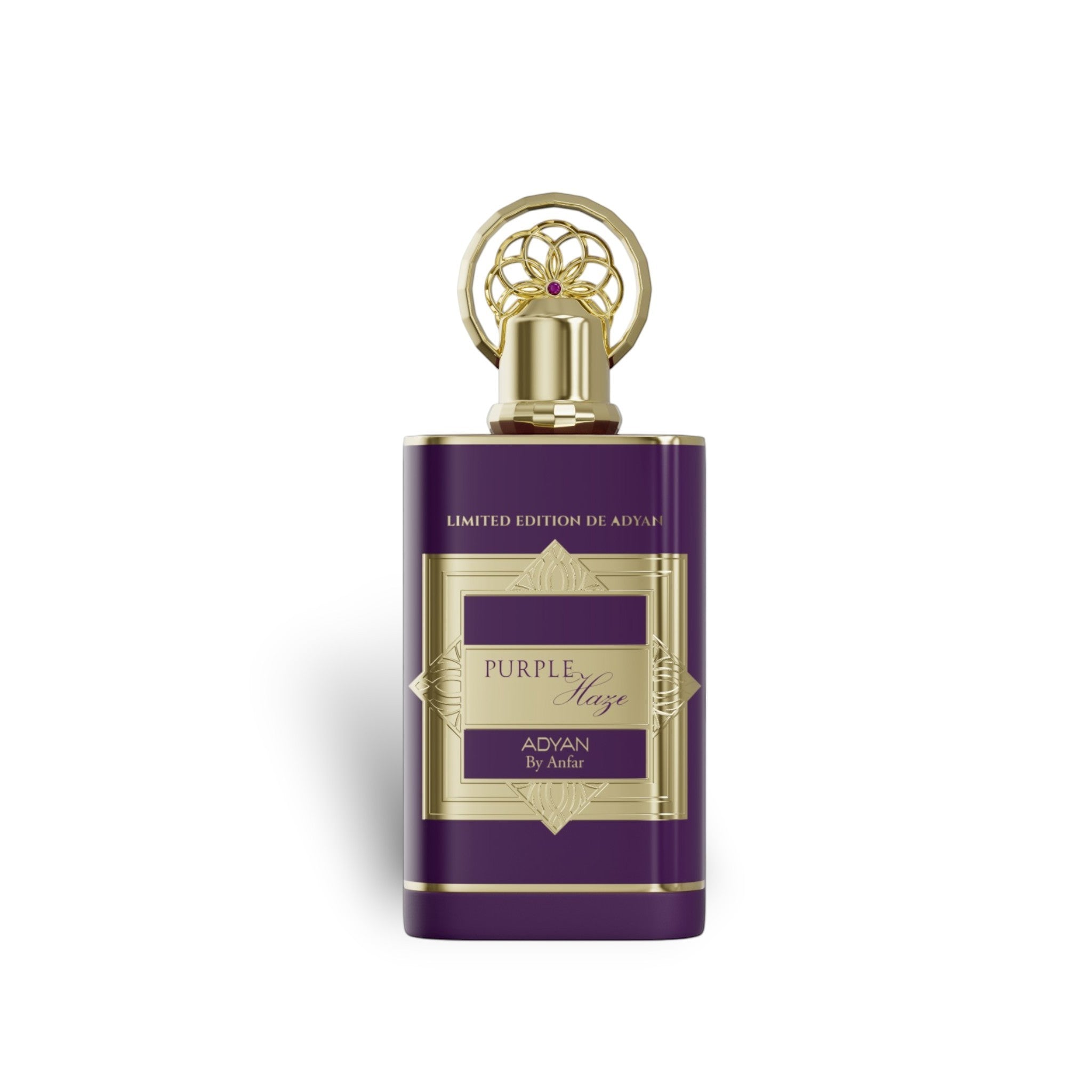 Soghaat Purple Haze by Adyan Anfar 100ml Extrait de Parfum in a purple bottle with gold ornate cap and label.