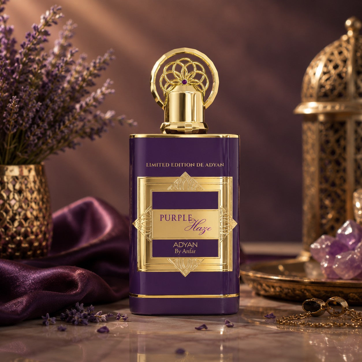 Soghaat Purple Haze by Adyan Anfar extrait de parfum in a purple bottle with gold accents, set with lavender flowers.