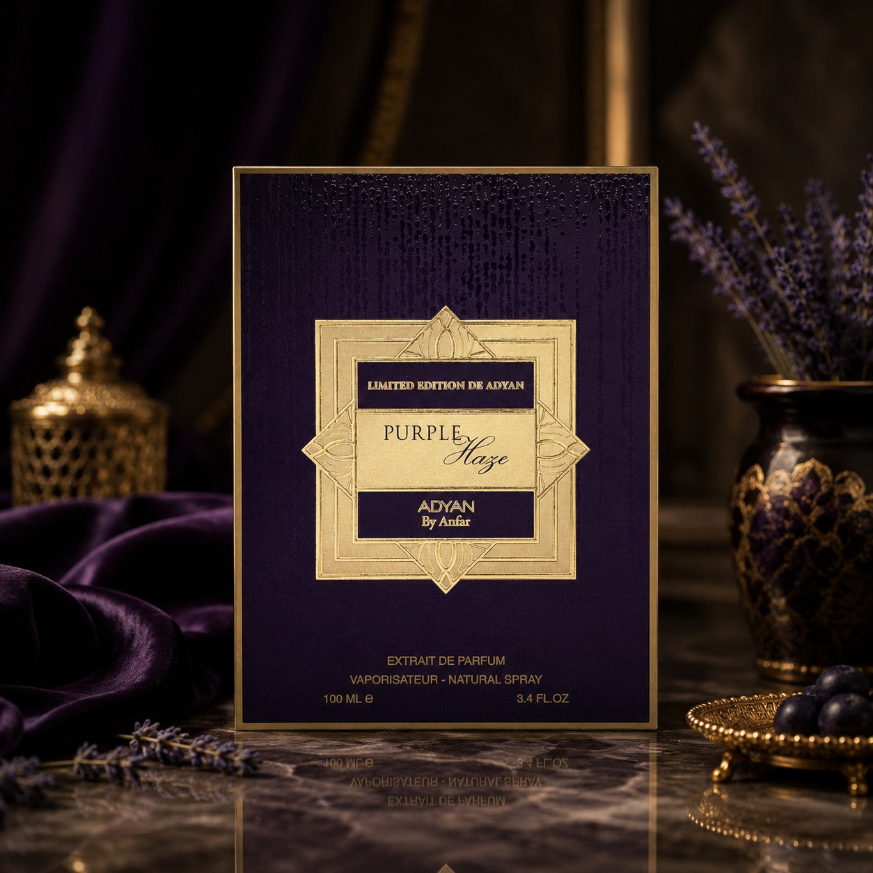 Soghaat Purple Haze by Adyan Anfar 100ml Extrait de Parfum in a deep purple and gold box on a marble surface.