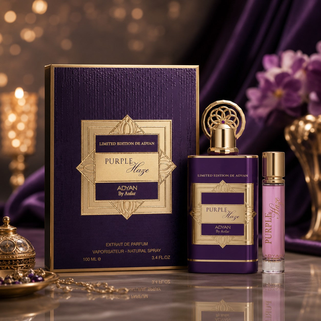 Soghaat Purple Haze by Adyan Anfar Extrait de Parfum set with a purple box, perfume bottle, and travel spray.