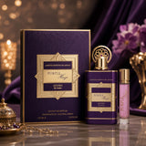 Soghaat Purple Haze by Adyan Anfar Extrait de Parfum set with a purple box, perfume bottle, and travel spray.