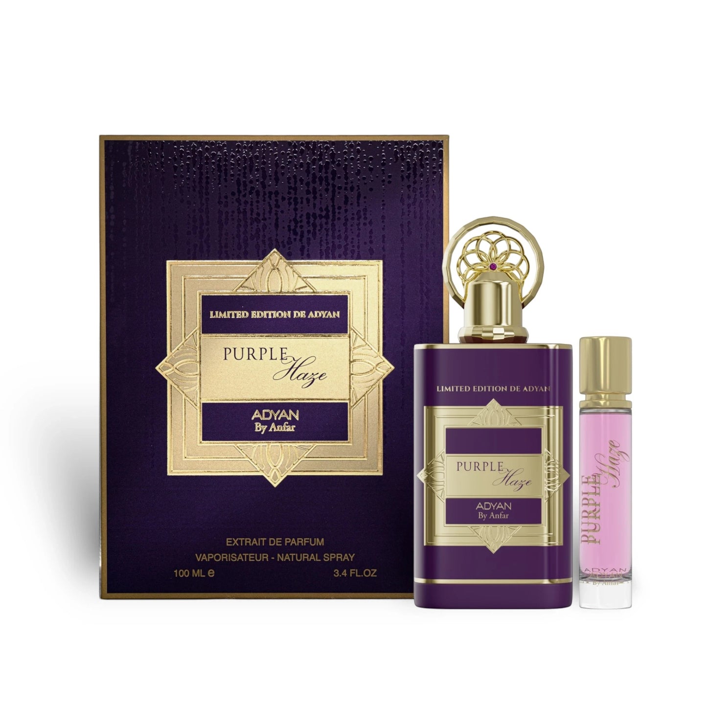 Soghaat Purple Haze by Adyan Anfar 100ml Extrait de Parfum bottle and box with a matching travel spray.