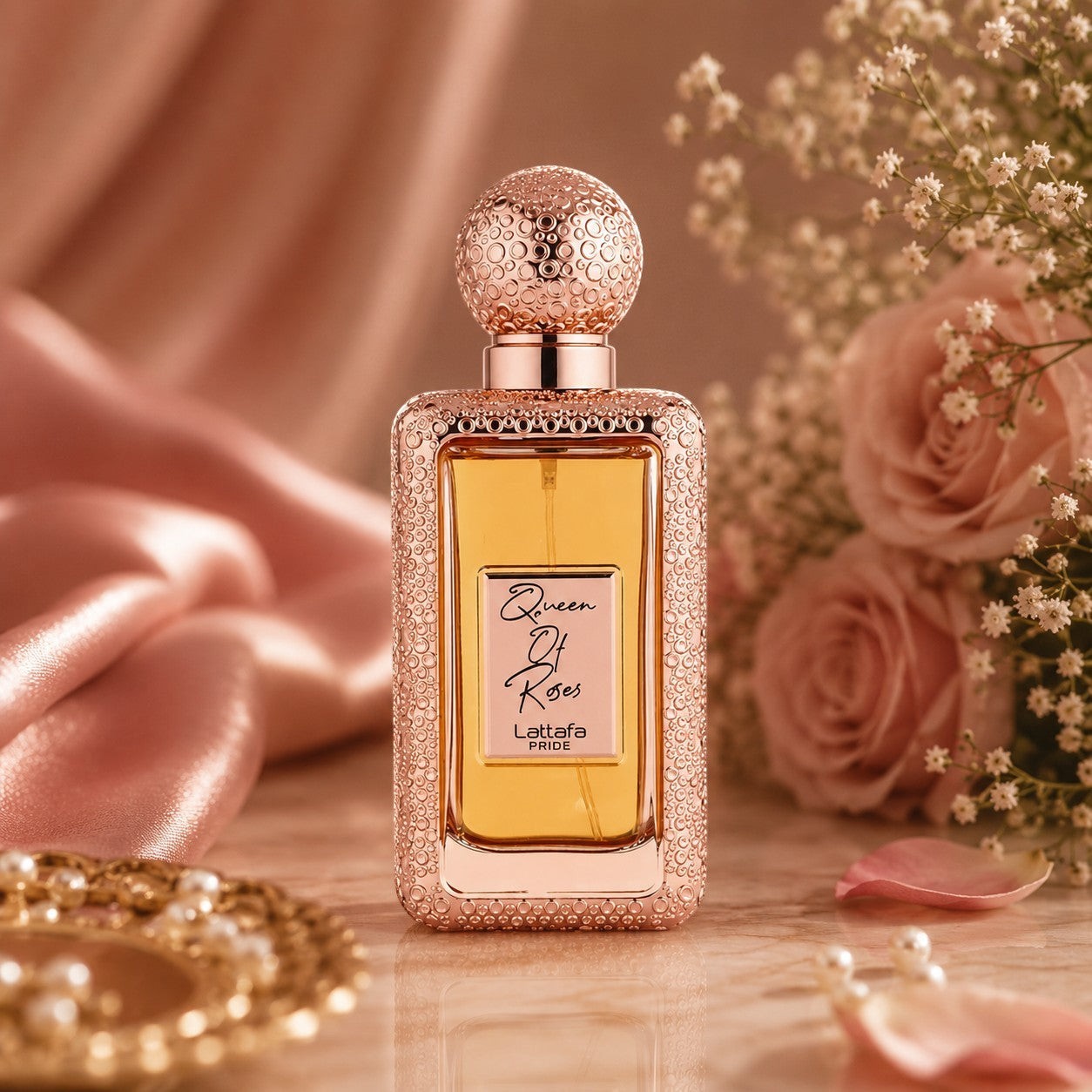 Soghaat Queen Of Roses Eau de Parfum, amber woody oriental fragrance with rose and pink pepper notes, 100ml bottle.