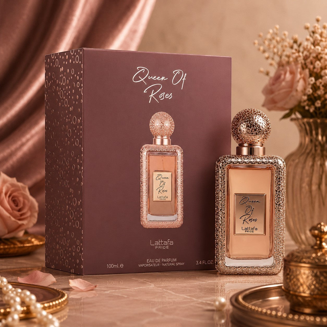Soghaat Queen Of Roses 100ml Eau de Parfum bottle with ornate rose gold cap and textured bottle base.
