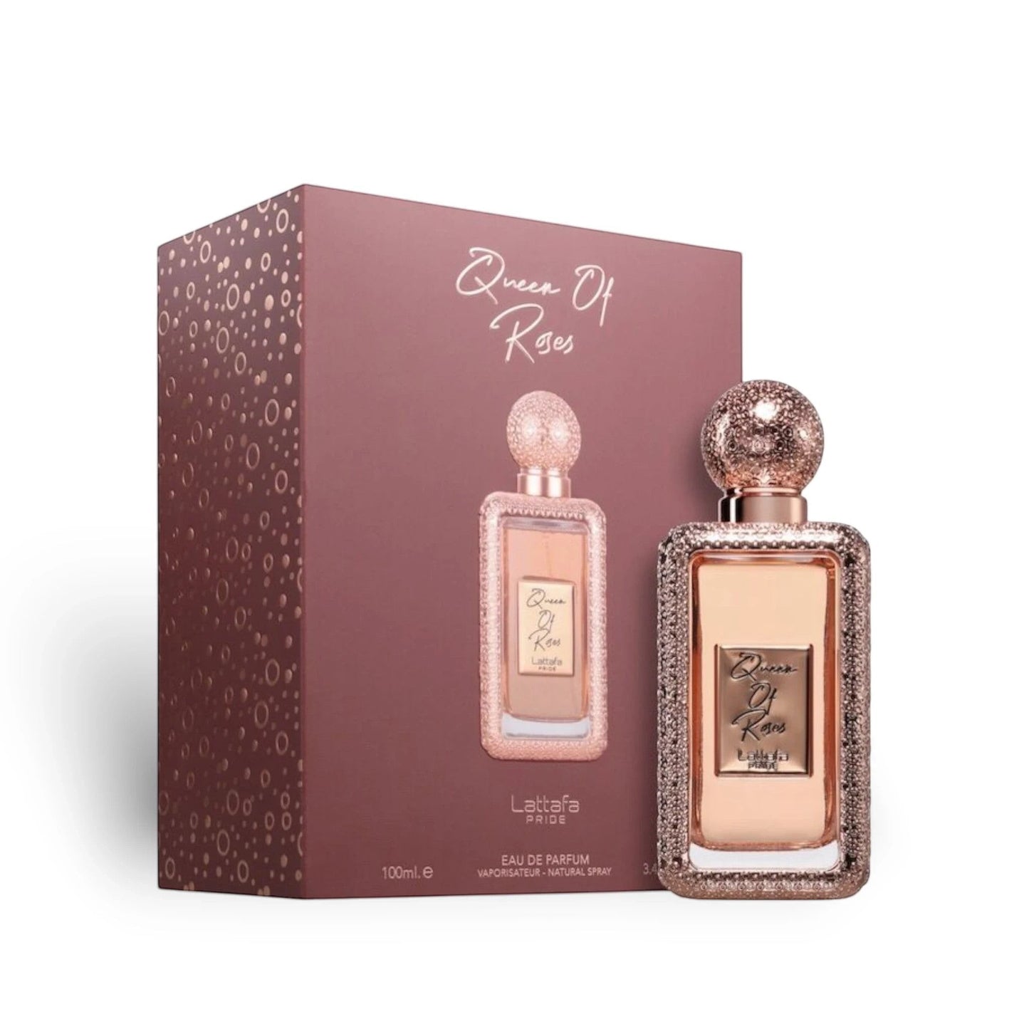 Soghaat Queen Of Roses 100ml Eau de Parfum, amber woody oriental fragrance with rose and pink pepper notes, in a rose gold bottle.