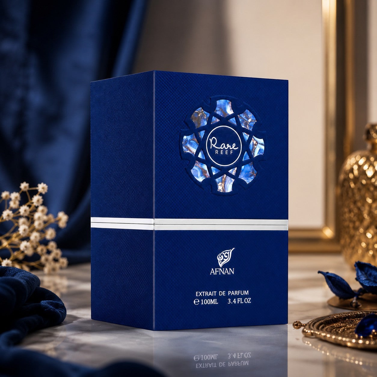 Soghaat Rare Reef by Afnan 100ml Extrait de Parfum in a textured blue box with a decorative circular cutout design.