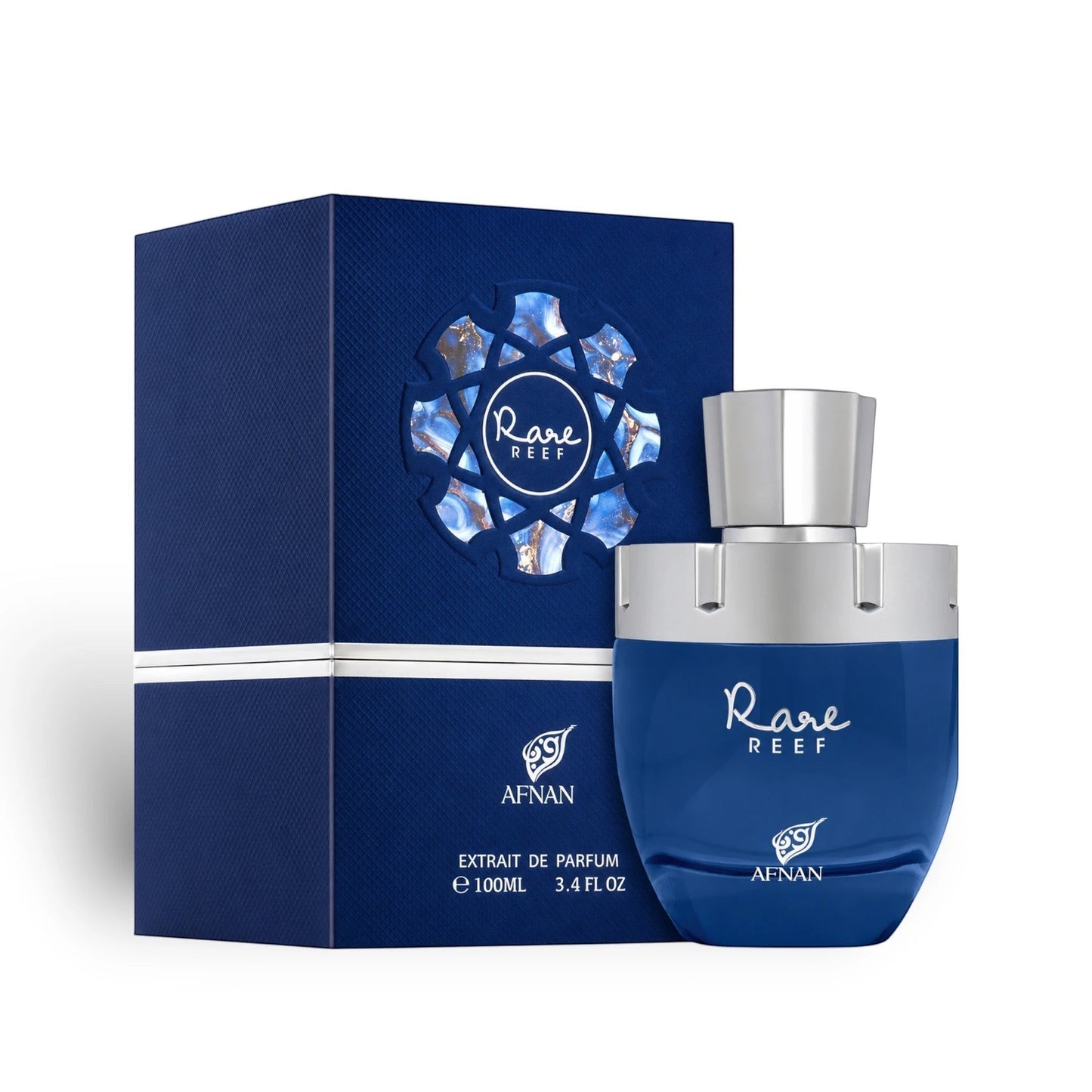 Soghaat Rare Reef by Afnan 100ml Extrait de Parfum in a deep blue bottle with matching textured presentation box.