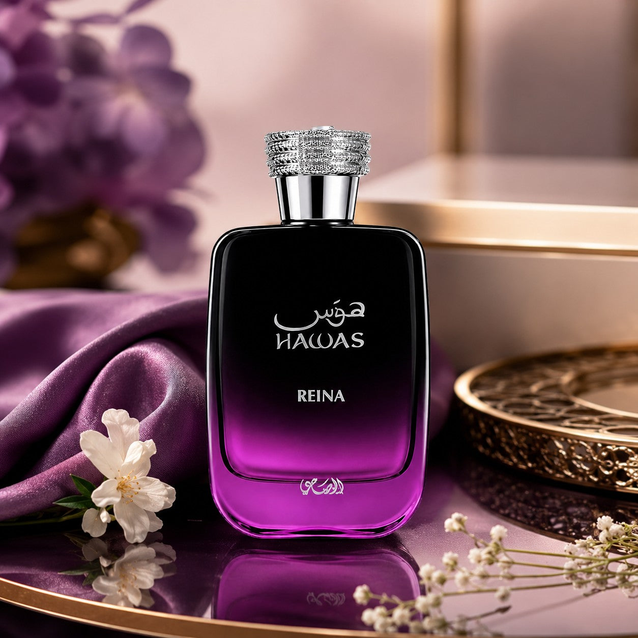 Soghaat Rasasi Hawas Reina unisex Eau de Parfum in a sleek black and purple gradient bottle with a jewelled cap.