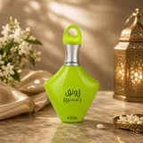 Soghaat Raunaq Eau de Parfum by Nabeel in a bright lime green bottle with silver accents on a marble surface.