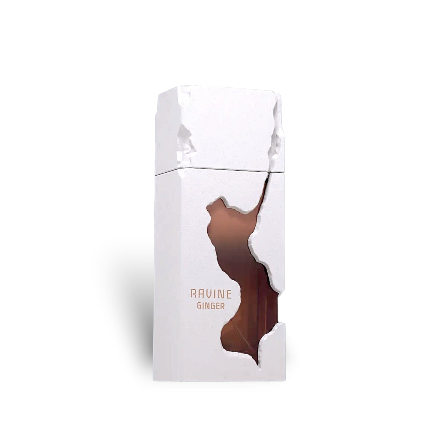 Soghaat Ravine Ginger Extrait de Parfum, a unisex fragrance with a cracked stone-like beige bottle and amber liquid.