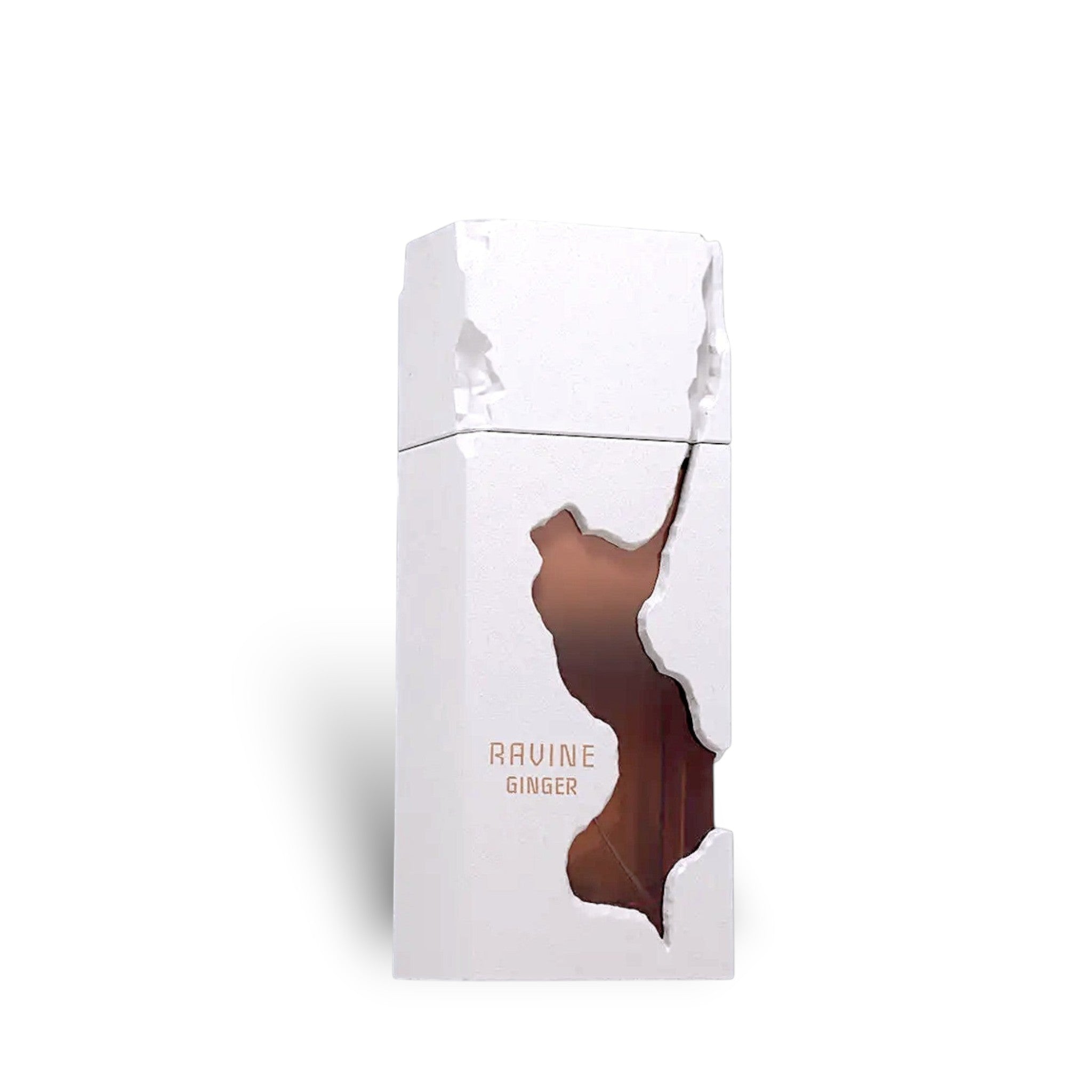 Soghaat Ravine Ginger Extrait de Parfum, a unisex fragrance with a cracked stone-like beige bottle and amber liquid.