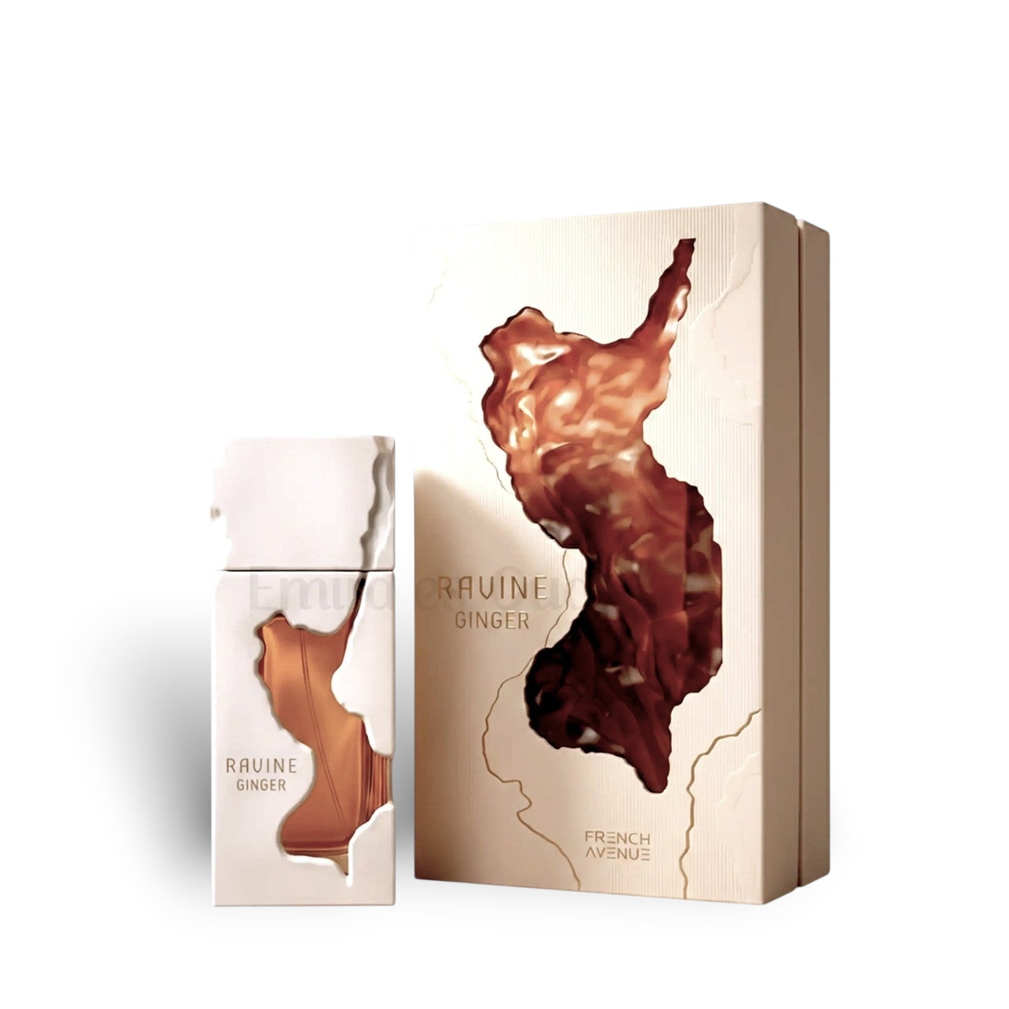Soghaat Ravine Ginger Extrait de Parfum bottle and box, featuring a beige textured design with a cut-out revealing amber liquid.