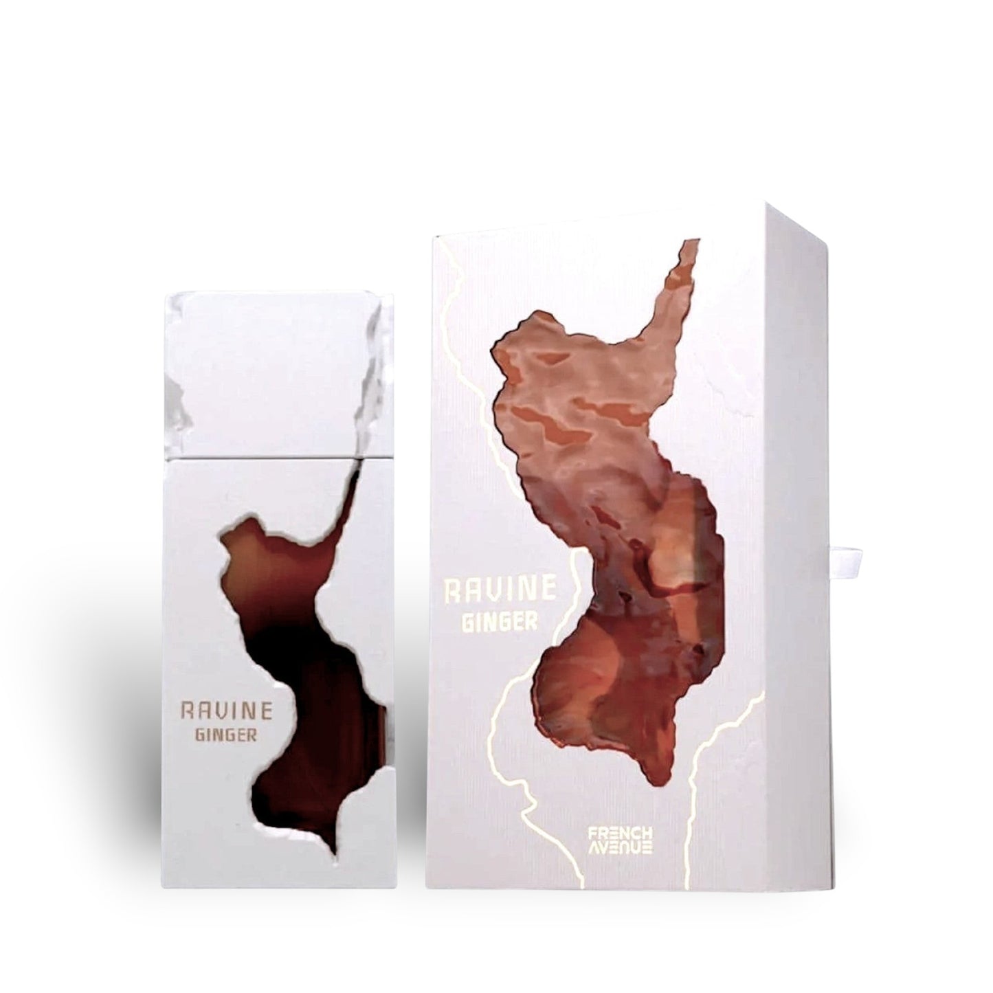 Soghaat Ravine Ginger Extrait de Parfum bottle and box with abstract ginger-colored design and gold accents.