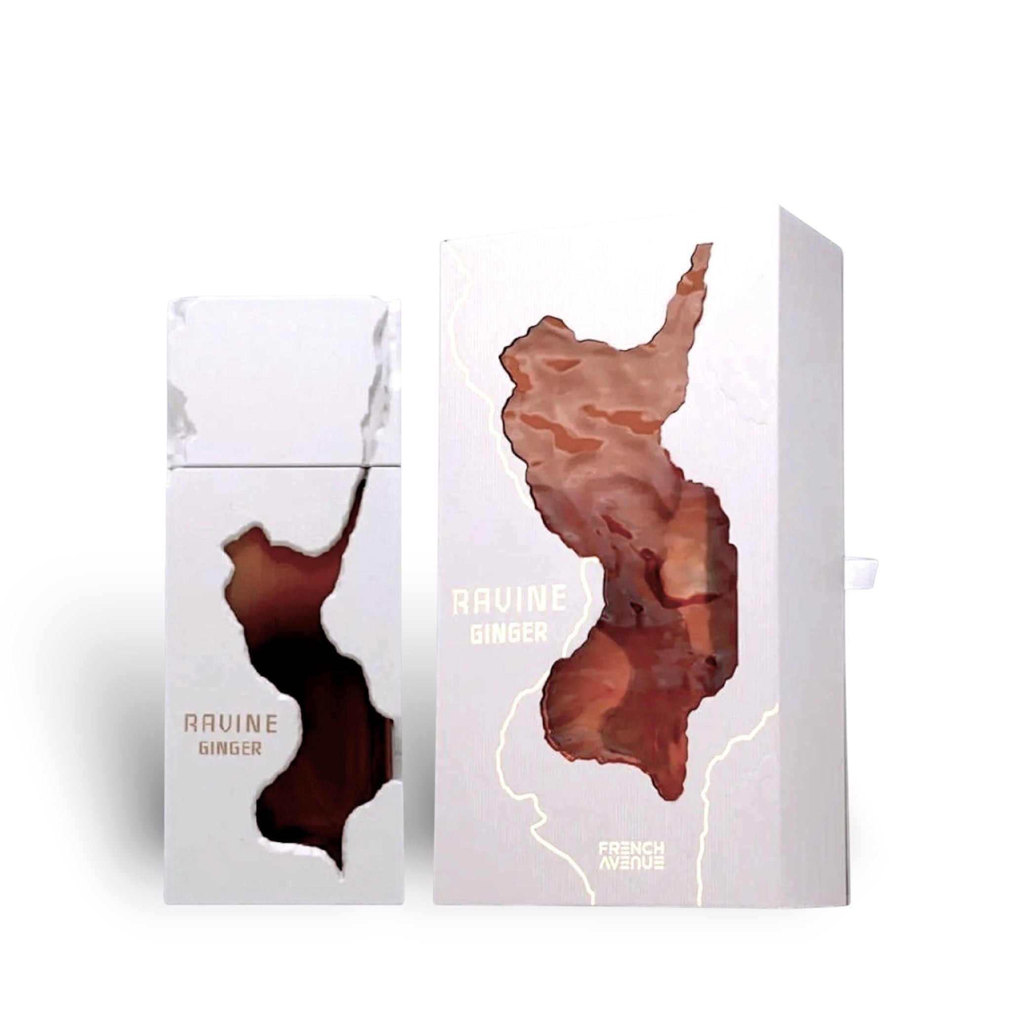 Soghaat Ravine Ginger Extrait de Parfum bottle and box with abstract ginger-colored design and gold accents.
