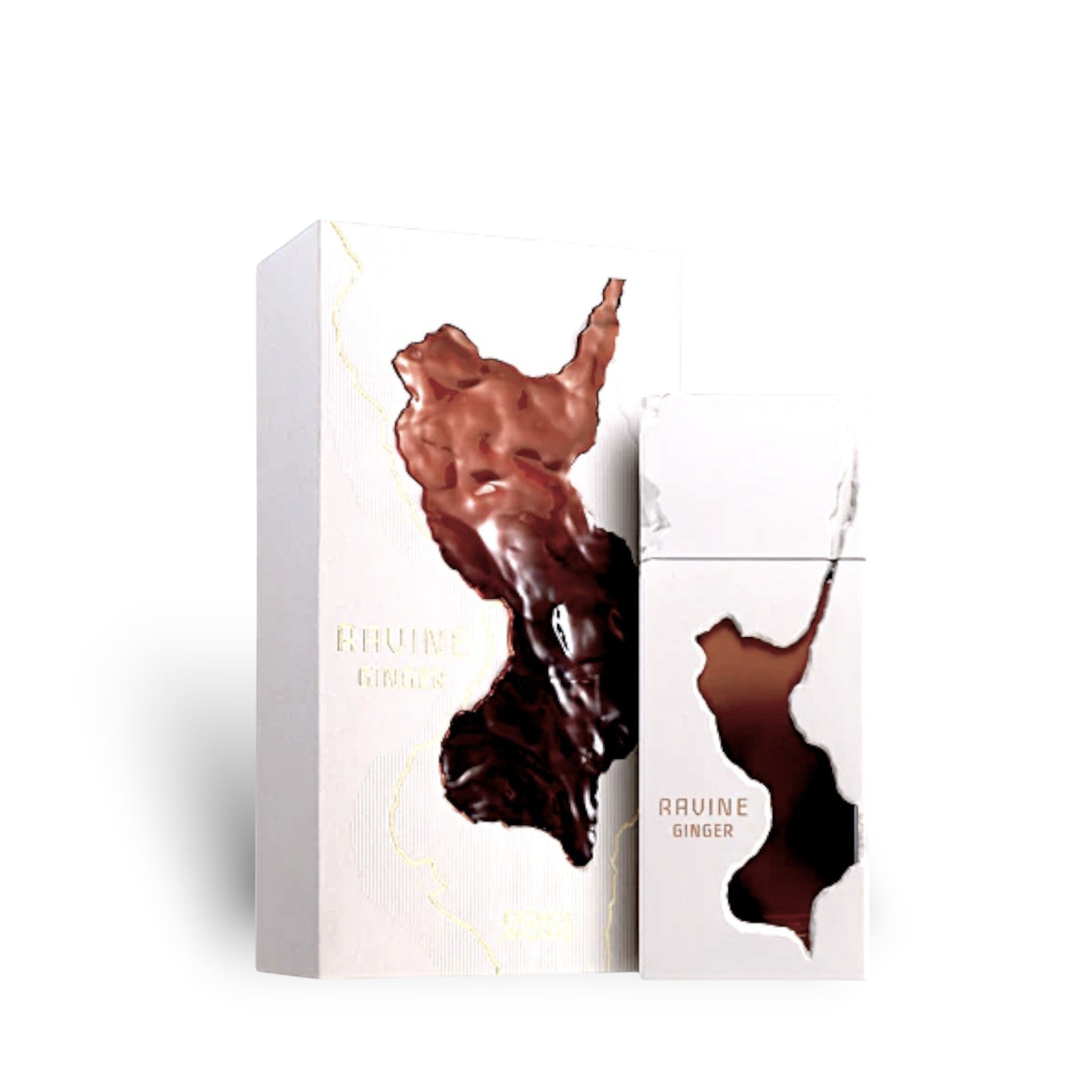 Soghaat Ravine Ginger Extrait de Parfum bottle and box with abstract cutouts revealing amber liquid. Unisex citrus, woody, floral scent.