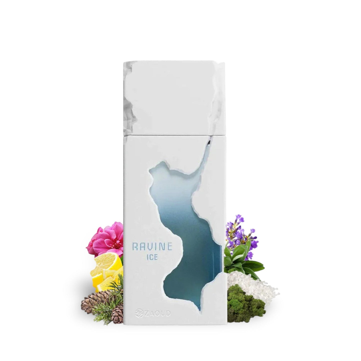 Soghaat Ravine Ice Extrait de Parfum bottle with a cut-out showing blue liquid, surrounded by lemon, pine, and flowers.
