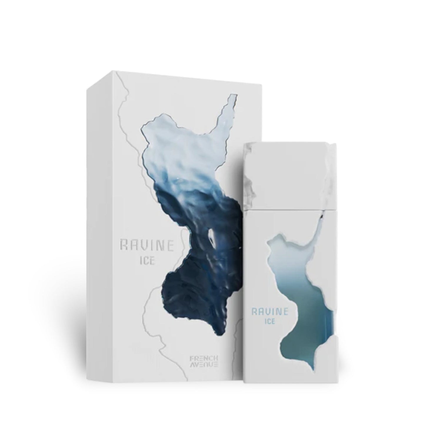 Soghaat Ravine Ice 100ml Extrait de Parfum bottle and box with abstract blue ice design.