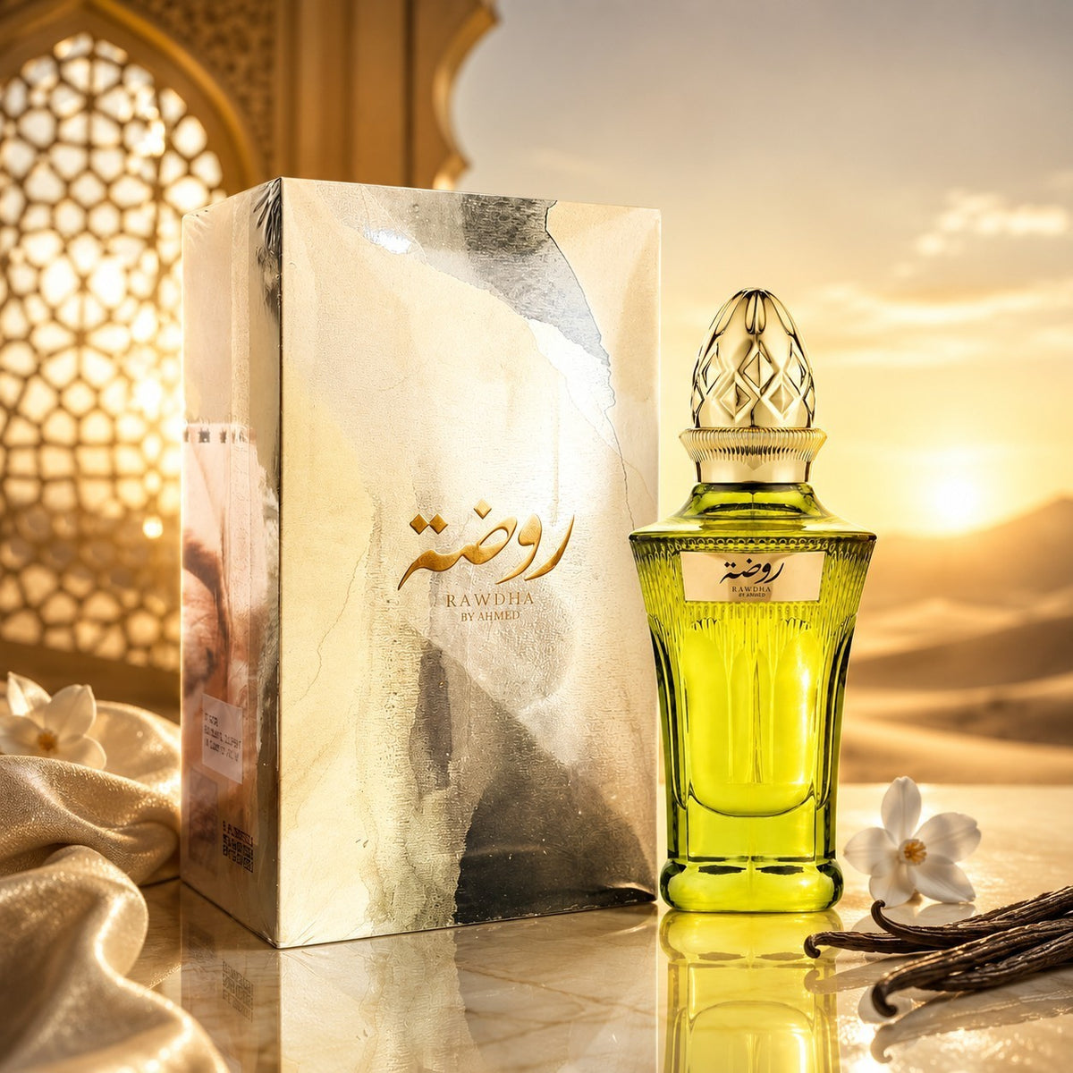 Soghaat Rawdha Extrait de Parfum in a green glass bottle with gold cap next to its elegant box at sunset.
