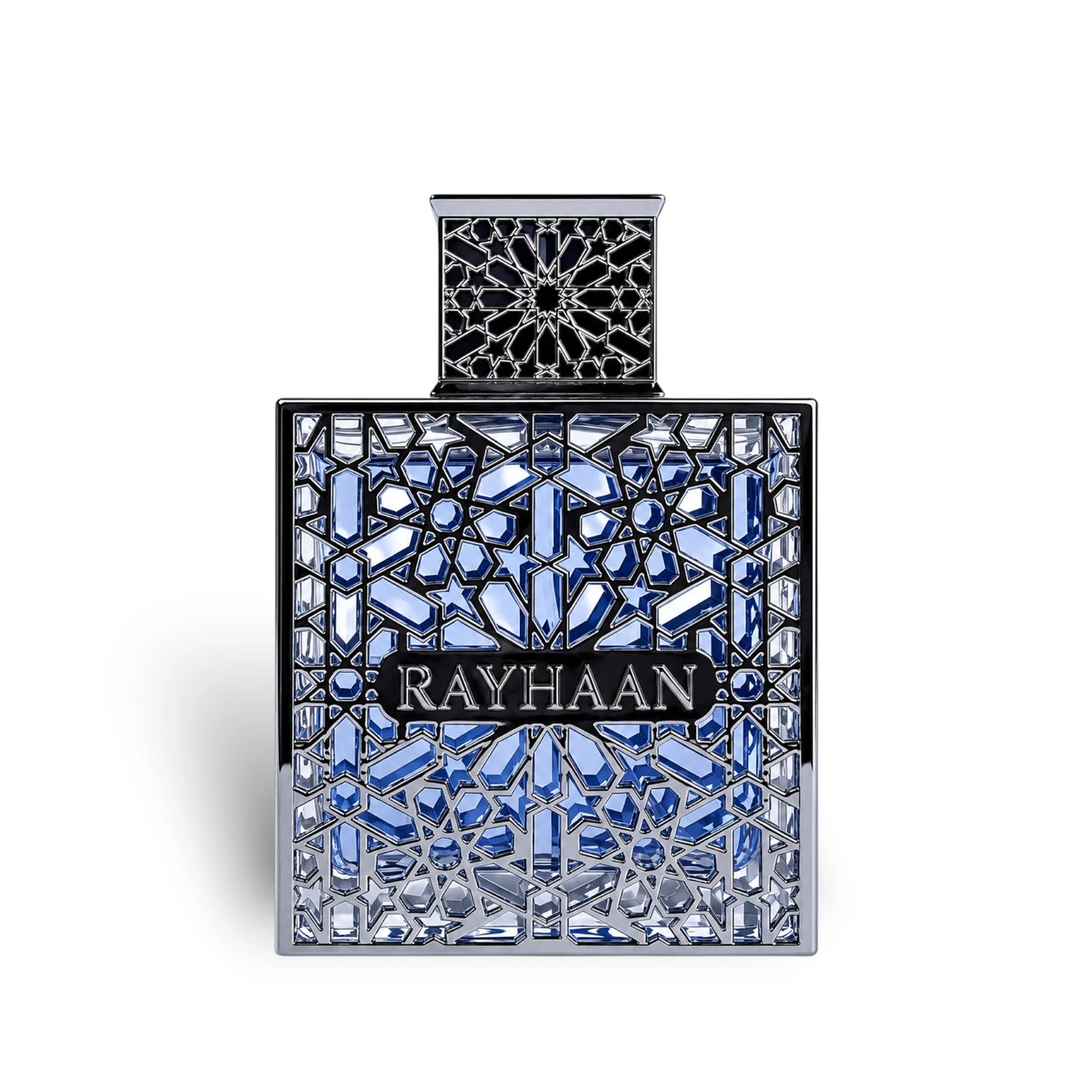 Soghaat Rayhaan Aquatica Eau de Parfum in a square blue glass bottle with an intricate silver geometric lattice overlay.