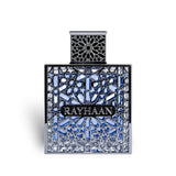 Soghaat Rayhaan Aquatica Eau de Parfum in a square blue glass bottle with an intricate silver geometric lattice overlay.