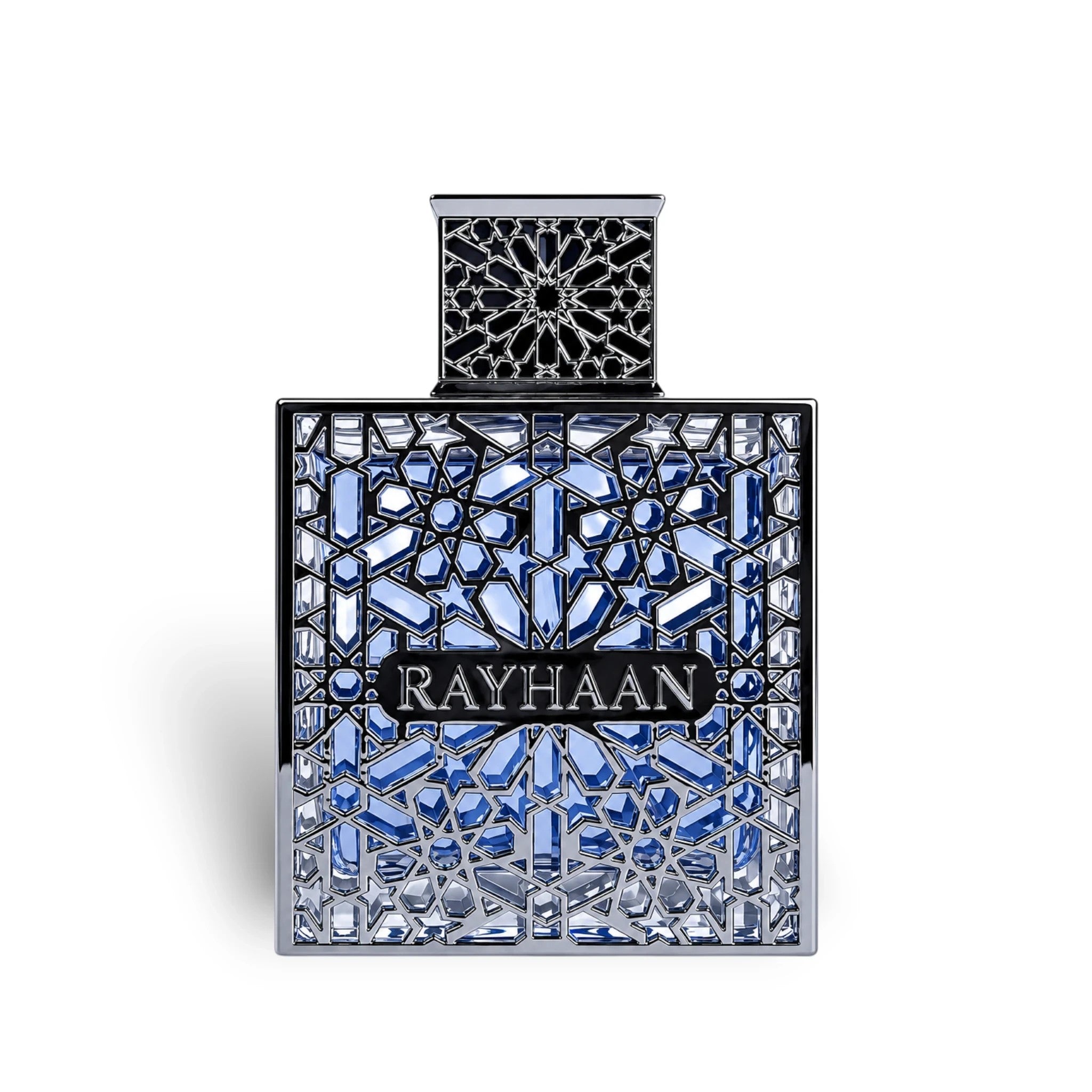 Soghaat Rayhaan Aquatica Eau de Parfum in a square blue glass bottle with an intricate silver geometric lattice overlay.
