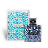 Soghaat Rayhaan Aquatica Eau de Parfum bottle and box with intricate silver geometric lattice and bright blue accents.