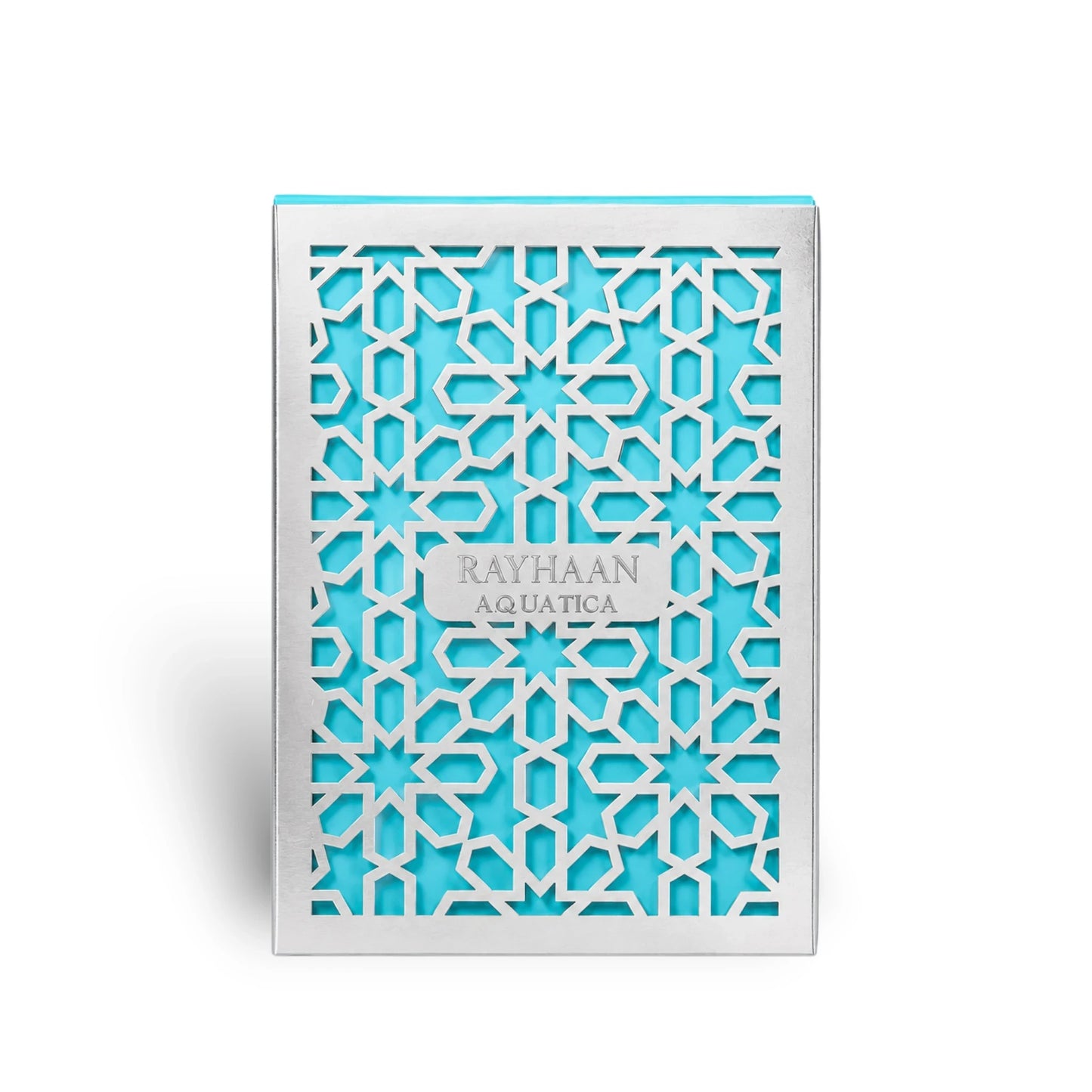 Soghaat Rayhaan Aquatica Eau de Parfum box featuring a bright turquoise background with an intricate silver lattice.