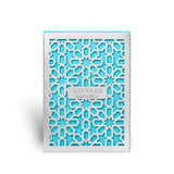 Soghaat Rayhaan Aquatica Eau de Parfum box featuring a bright turquoise background with an intricate silver lattice.