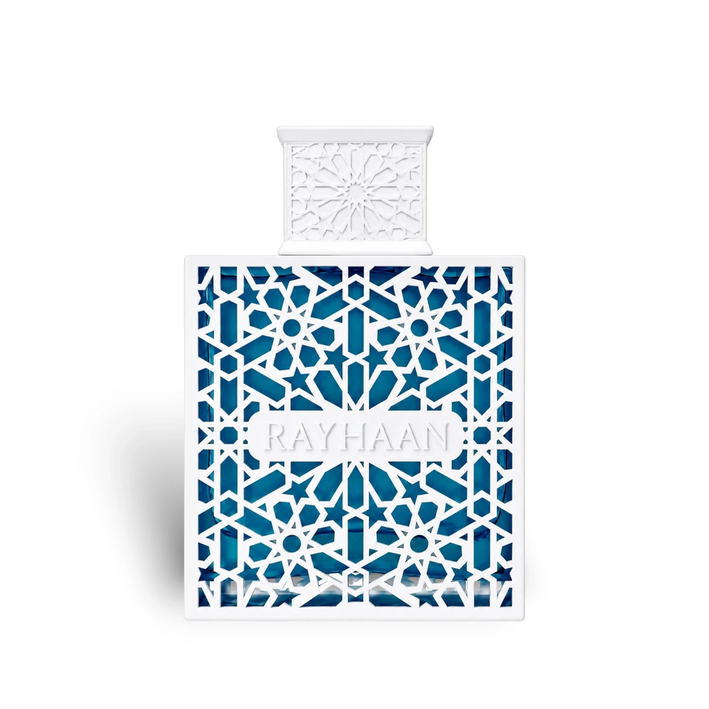 Soghaat Rayhaan Azul 100ml Eau de Parfum for men in a blue glass bottle with an intricate white geometric lattice.