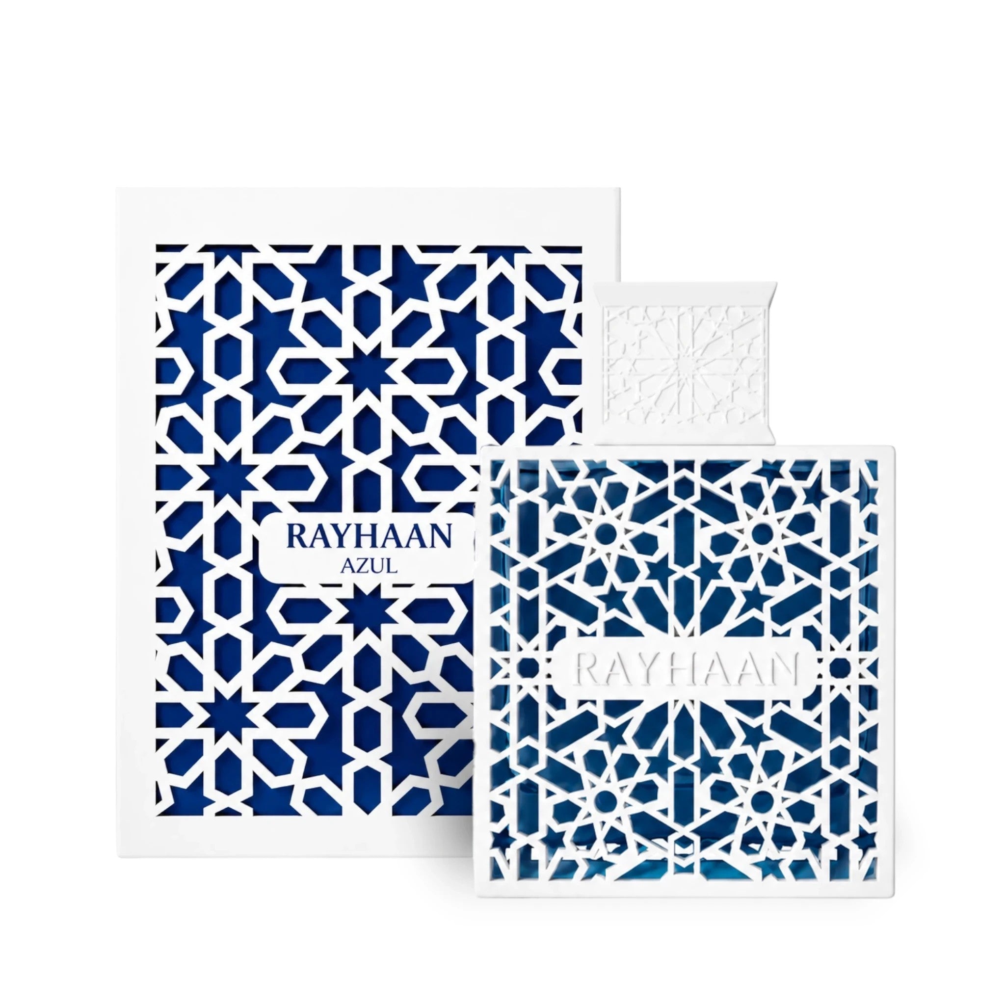 Soghaat Rayhaan Azul 100ml Eau de Parfum for men with a blue and white geometric lattice bottle and matching box.