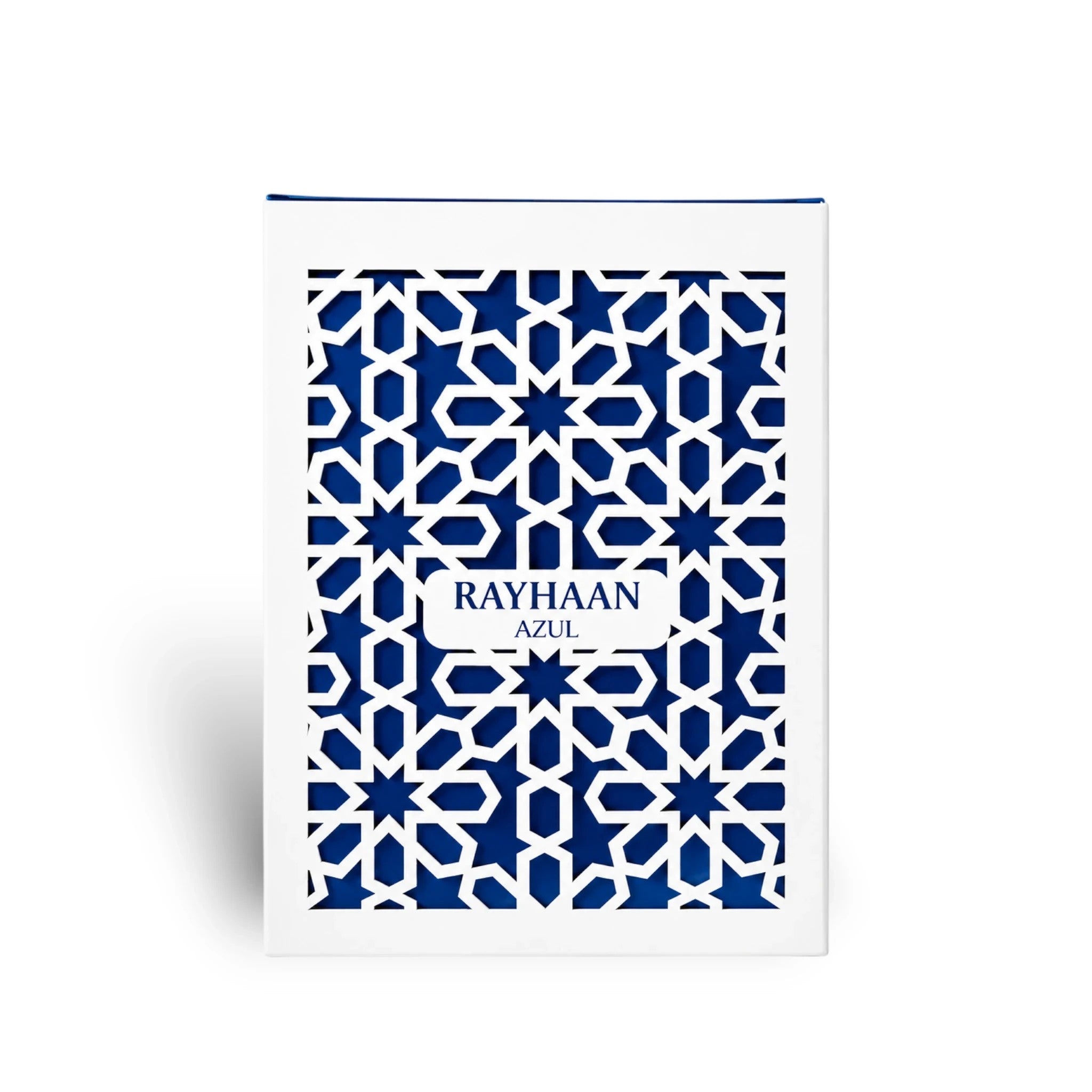 Soghaat Rayhaan Azul 100ml Eau de Parfum for men in a white box with a blue geometric Arabian pattern.