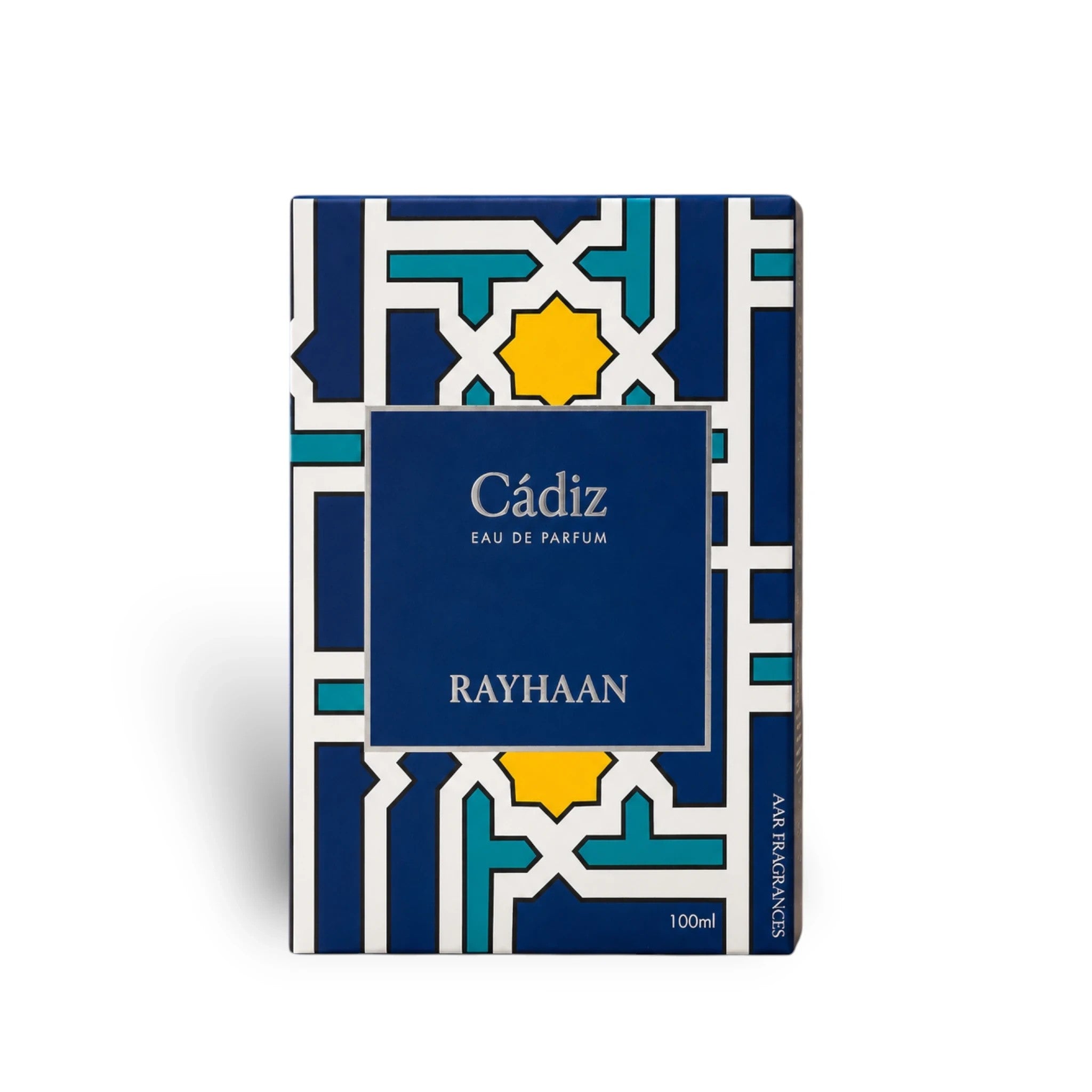 Rayhaan Cadiz Eau de Parfum 100ml bottle with blue, yellow, and teal geometric pattern. Amber woody oriental scent.