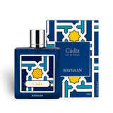 Soghaat Rayhaan Cadiz Eau de Parfum 100ml, amber woody oriental fragrance with blue bottle and geometric pattern.