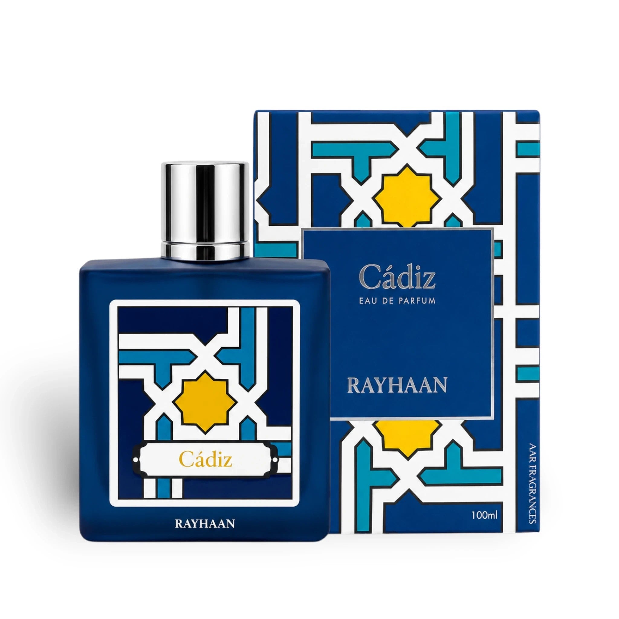 Soghaat Rayhaan Cadiz Eau de Parfum 100ml, amber woody oriental fragrance with blue bottle and geometric pattern.