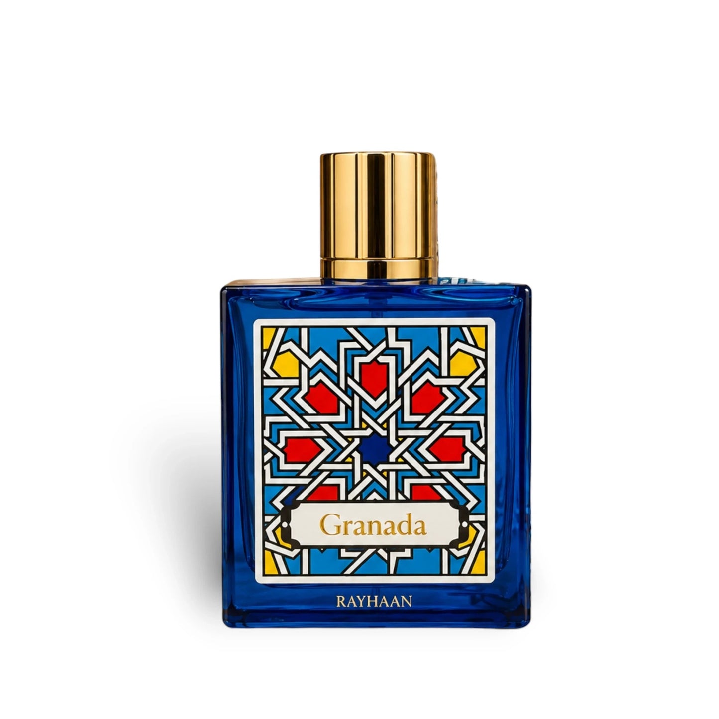 Soghaat Rayhaan Granada Eau de Parfum 100ml, blue glass bottle with gold cap, intricate geometric label.